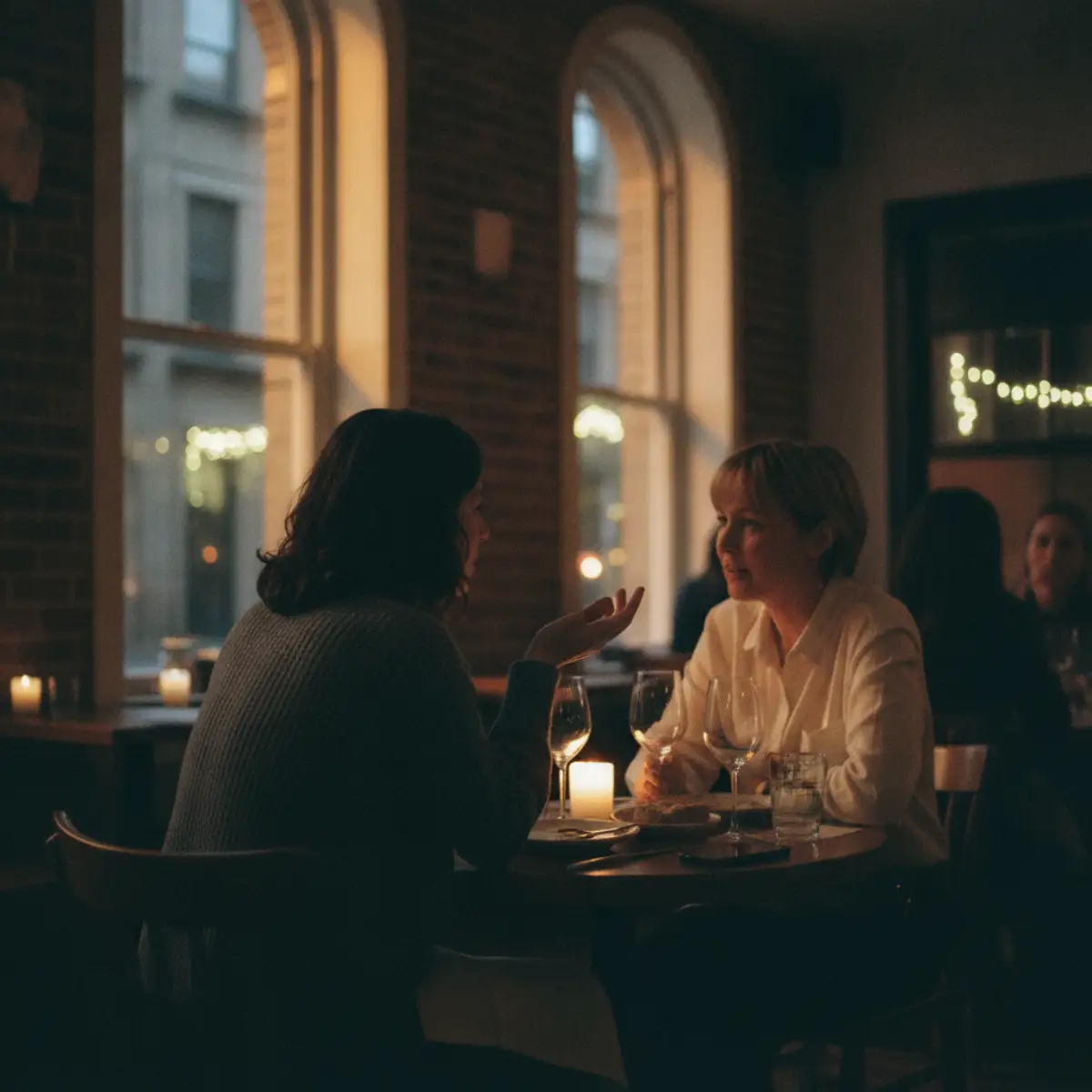 Two people mid-conversation at a small table in a warm-lit restaurant